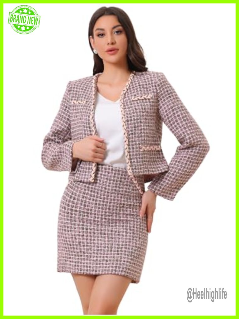 2 Piece Tweed Plaid Skirt Set - Collarless Blazer & Mini Skirt Suit